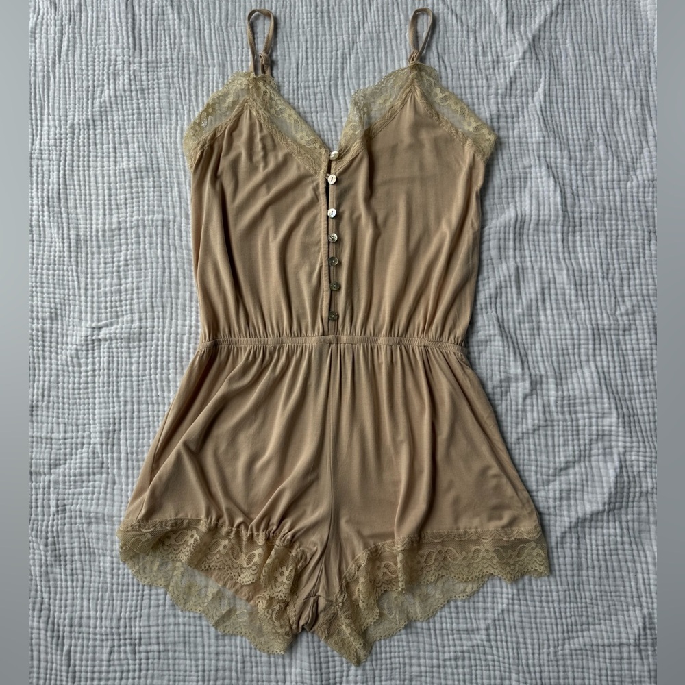 NWT POL Elegant Tan Lace-Trimmed Jumpsuit